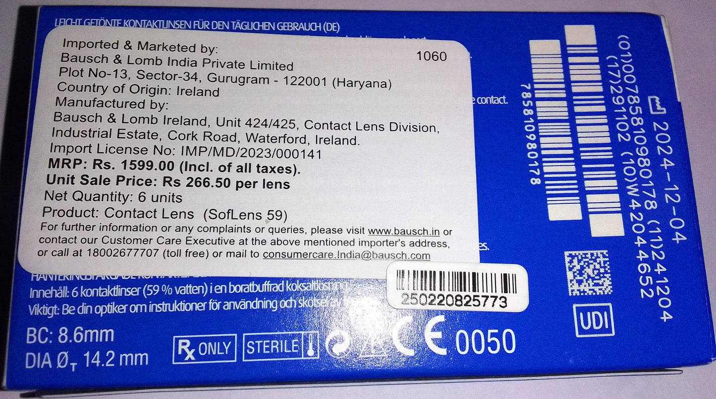 Soflens® 59 Monthly by Bausch + Lomb - BC:8.6mm - Dia:14.2mm